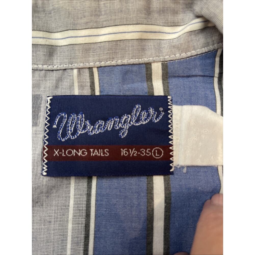 Wrangler Western Shirt Mens L-16.5-Blue Gray Pearl Snap Cowboy 90s-X Long-Vntg - Picture 4 of 11